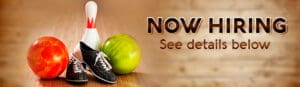 How Hiring banner with bowling shoes, 2 balls and a pin