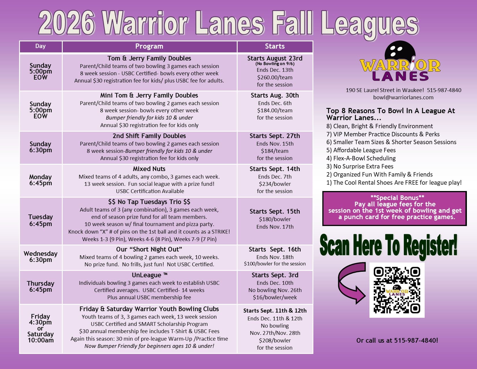 2026 Fall League Flyer Purple