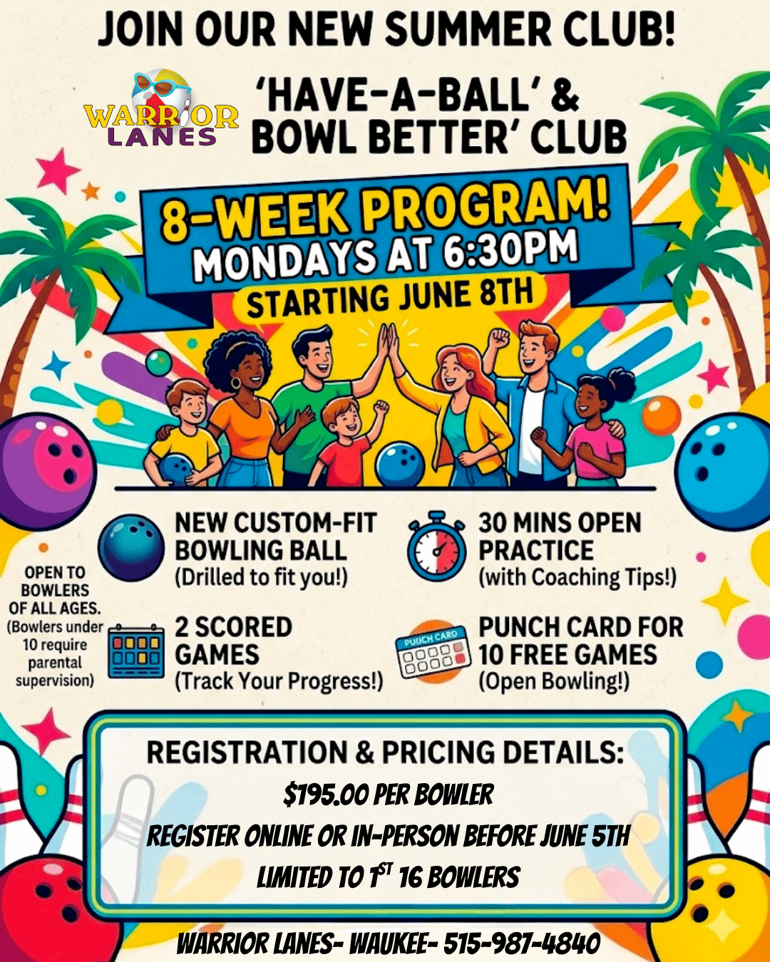 Beginner bowling lessons and free bowling ball program at Warrior Lanes Waukee Iowa
