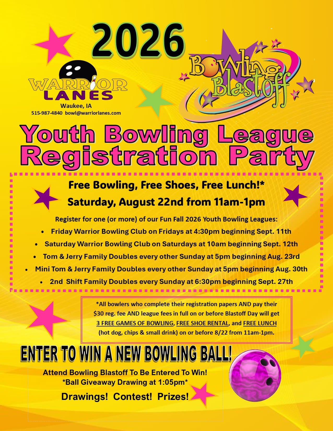 Bowling Blast Off Youth League Sign Up Party at 11am on Sat Aug 22nd