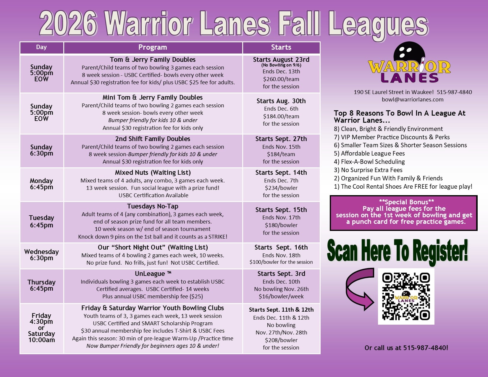 2026 Fall League Flyer Purple- Updated 2026 Warrior Lanes Fall Leagues schedule flyer detailing programs, start dates, times, pricing, and registration info.