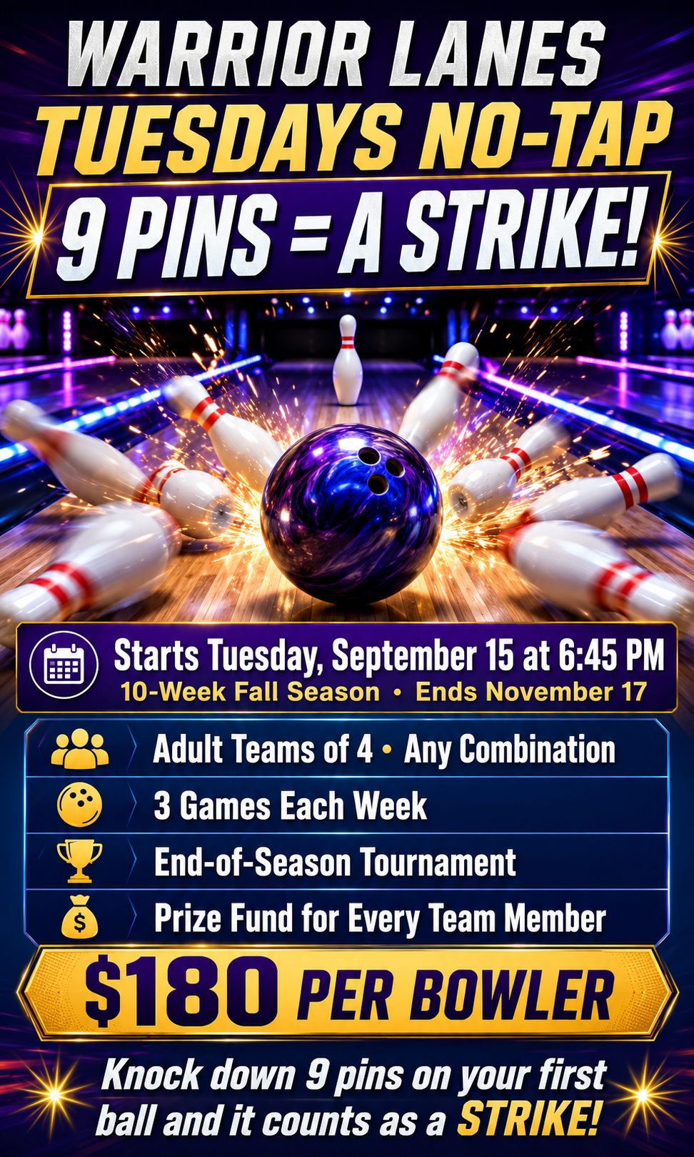 2026 Fall TNT Dark Promotional graphic for Warrior Lanes’ Tuesdays No-Tap fall bowling league